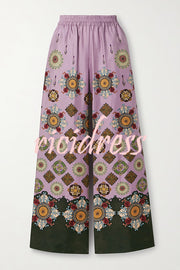 Satin Unique Print Loose Batwing Sleeve Top and Elastic Waist Pocket Casual Wide-leg Pants Set