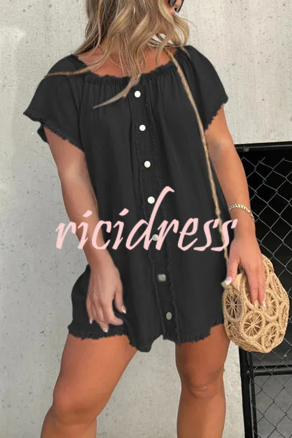 Fashionable Off Shoulder Short-sleeved Loose Denim Mini Dress