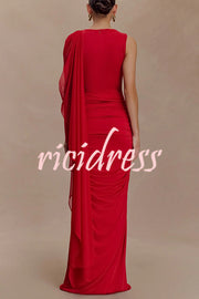 Fashionable Mesh Shawl Sleeveless Slim Fit Pleated Maxi Dress