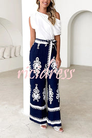 Unique Ethnic Print Belted Casual Pocket Wide Leg Pants