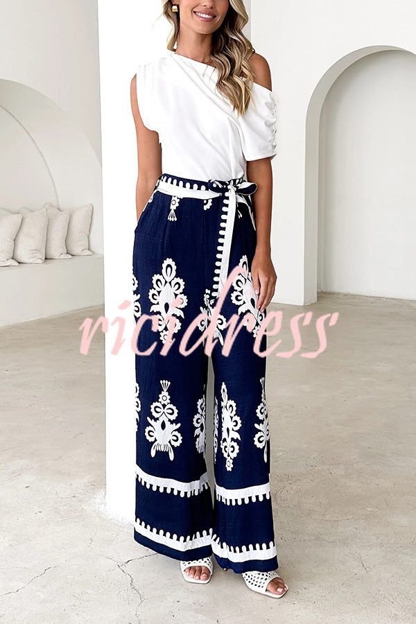 Unique Ethnic Print Belted Casual Pocket Wide Leg Pants