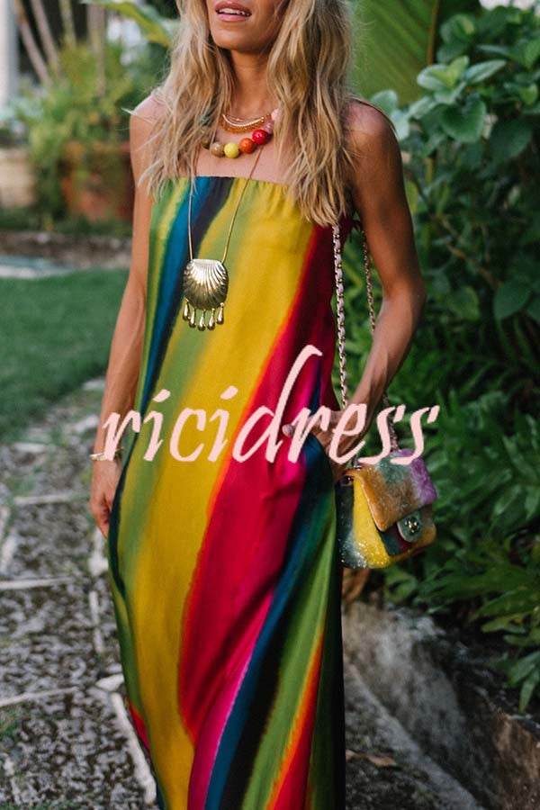 Artistic Rainbow Satin Watercolor Print Off Shoulder Pocketed H-line Maxi Dress