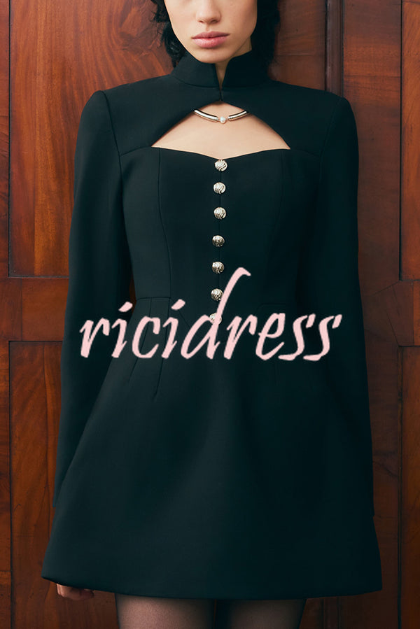 Elegant Long-sleeved Hollowed-out Button-down Slim-fit Mini Dress