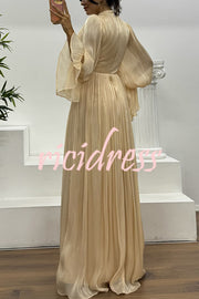 Ellah Shiny Fabric Chinese Stand Collar Twist Waist Balloon Sleeve Maxi Dress