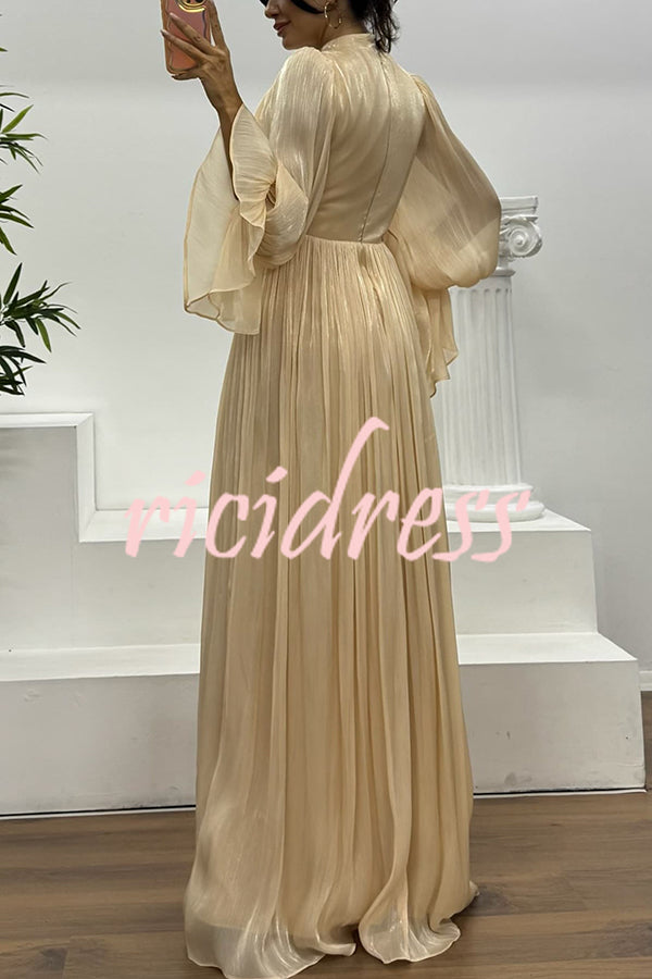 Ellah Shiny Fabric Chinese Stand Collar Twist Waist Balloon Sleeve Maxi Dress