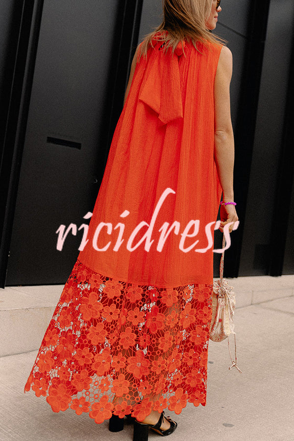Breezy Comfort Tie-up Neck Sleeveless Floral Lace Hem Maxi Dress