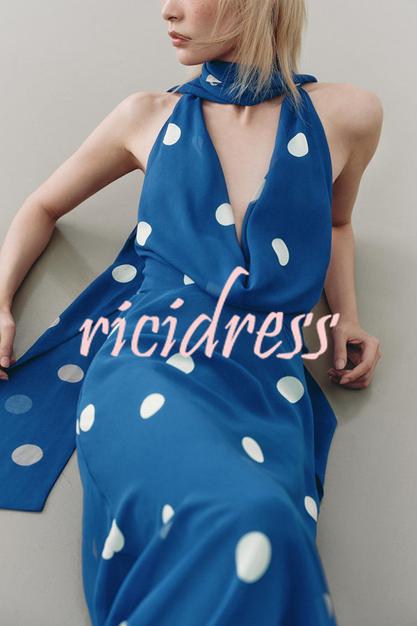 Fashion Polka Dot Print Sexy Halter Neck Backless Maxi Dress
