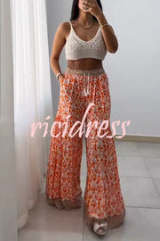 Unique Print Elastic High Waist Tie Pocket Wide Leg Pants