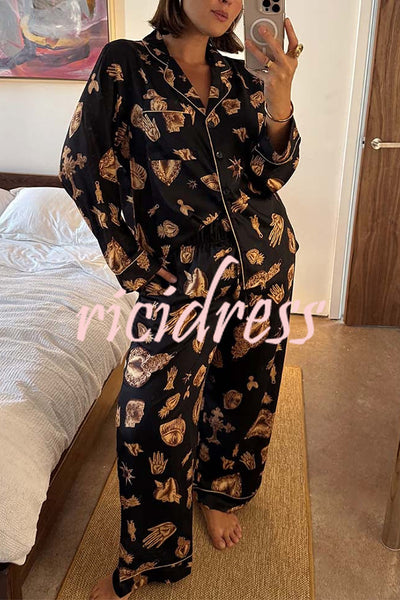 Golden Night Unique Print Color-block Trim Loose Shirt and Elastic Waist Pocketed Pajama Set
