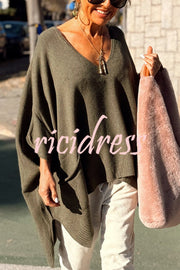 Fashion V-neck Loose Pocket Mid-length Knitted Sweater