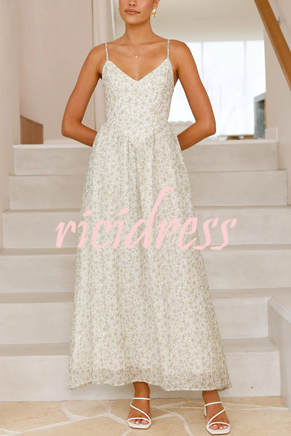 Floral Print V-Neck Sleeveless Back Tie Pocket Maxi Dress