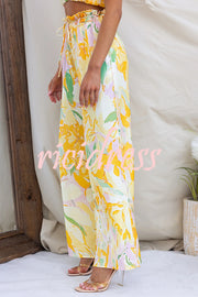 Soleila Floral Print One Shoulder Tie-up Crop Top and Elastic Waist Pocket Loose Pants Set