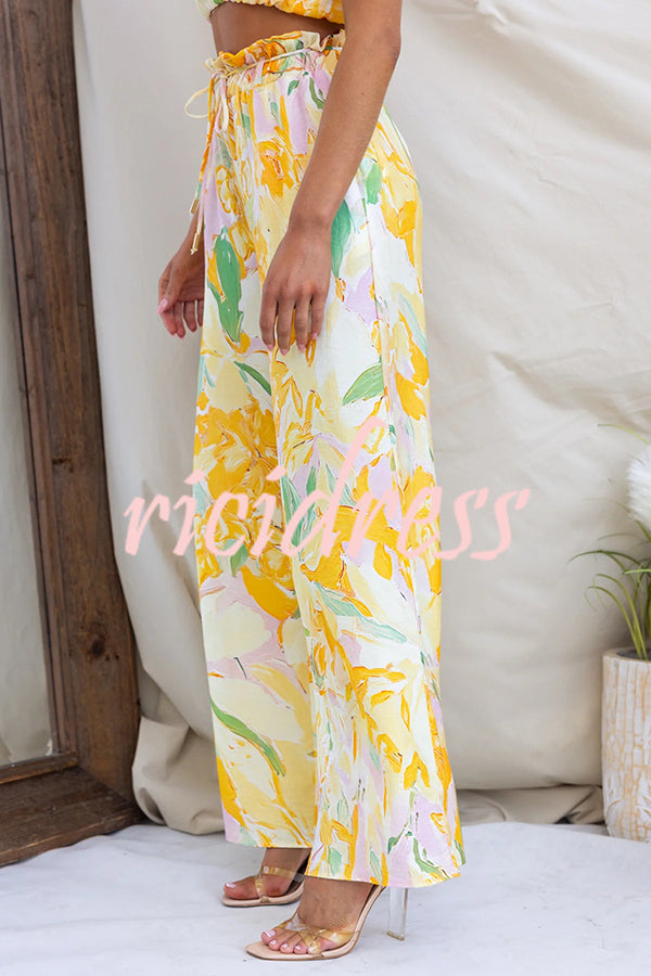 Soleila Floral Print One Shoulder Tie-up Crop Top and Elastic Waist Pocket Loose Pants Set