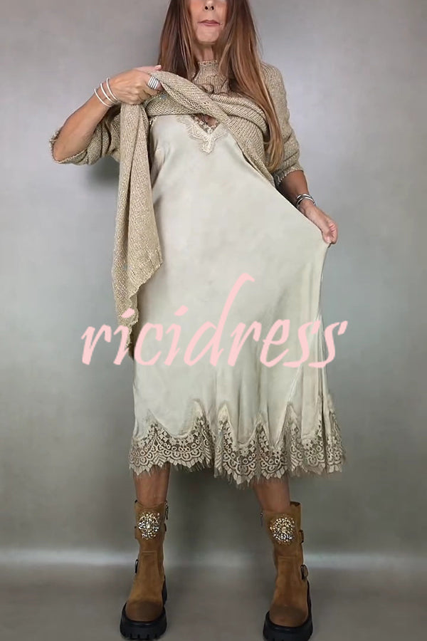 Fashionable V-neck Suspender Lace Splicing Casual Midi Dress