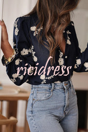 Floral Embroidery Long-Sleeved Button-Up Elegant Shirt
