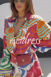 Elouise Satin Color Block Art Print Long Sleeve Button Back Elastic Waist H-line Mini Dress