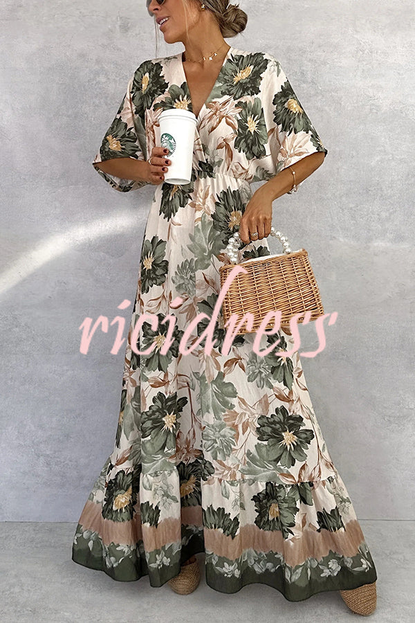 Floral Print V-neck Short Sleeve Waist Loose Full Hem Maxi Dress