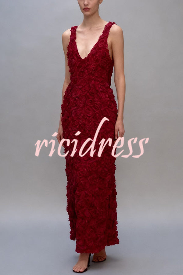 Three-dimensional Flower Sexy V-neck Slim Maxi Dress