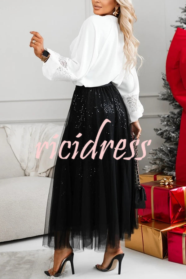 Party Daydream Sequin Tulle High Rise Elastic Waist Maxi Skirt