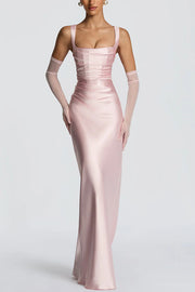 Calanthe Satin Square Neck Ruched Back Lace-up Drape Mesh Scarf Maxi Dress