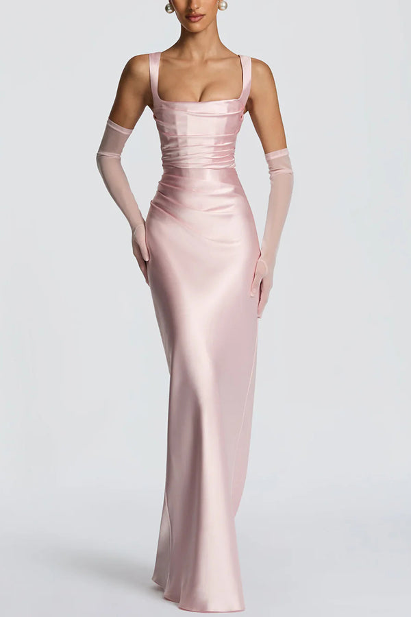 Calanthe Satin Square Neck Ruched Back Lace-up Drape Mesh Scarf Maxi Dress