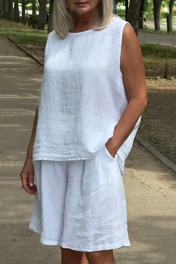 Linen Blend Solid Sleeveless Crewneck Top and Loose Pocket Shorts Set