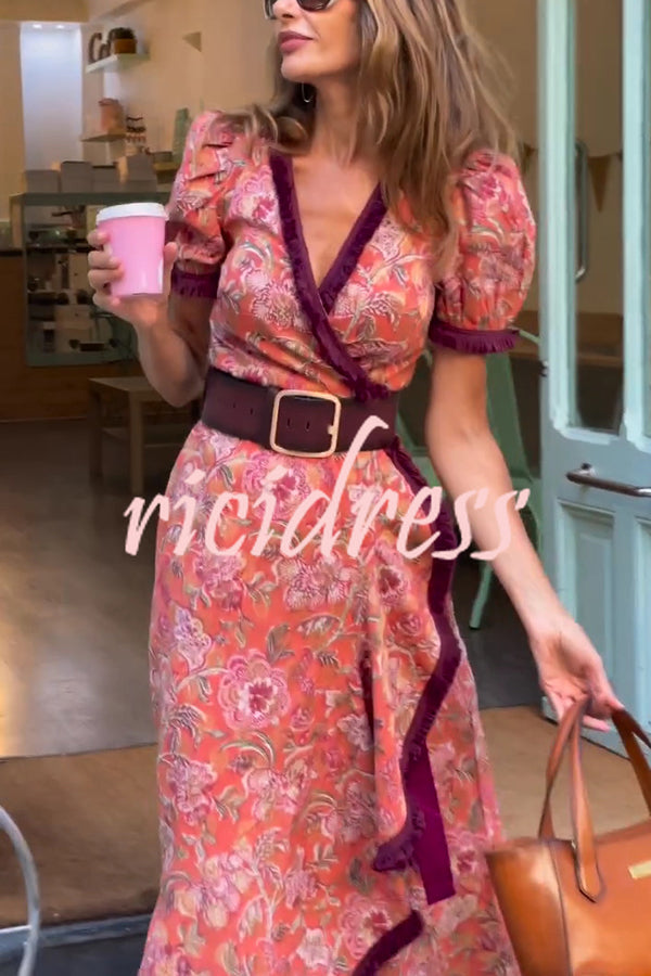 Bohemian Floral Print Elegant Puff Sleeve Holiday Maxi Dress