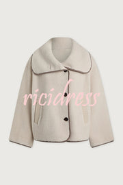 Romane Faux Fleece Fabric Contrast Trim Long Sleeve Knitted Pocket Lapel Loose Jacket