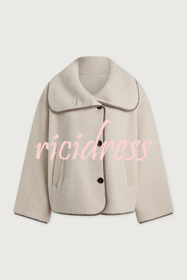 Romane Faux Fleece Fabric Contrast Trim Long Sleeve Knitted Pocket Lapel Loose Jacket