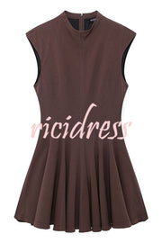 Solid Color Round Neck Sleeveless Waist Mini Dress