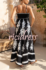 Unique Ethnic Print Suspender Pleated Top and Elastic Waist Loose Wide-leg Pants Set