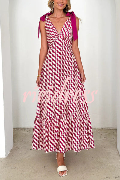 Unique Printed V-neck Sleeveless Lace-up Waist Maxi Dress