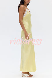 Sweet Trend Satin Lace Trim V-neck Slit Slip Maxi Dress