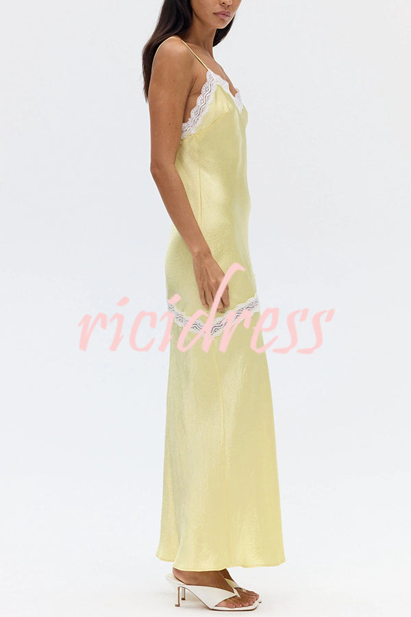 Sweet Trend Satin Lace Trim V-neck Slit Slip Maxi Dress