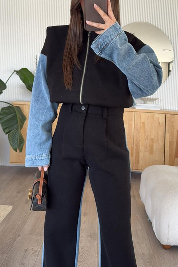 Sports Fashion Denim Patchwork Sweatshirt Fabric Zipper Long Sleeve Loose Jacket