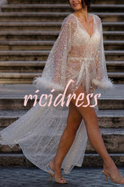 Fashionable Sequined Feather Long-sleeved Vacation Loose Extra-long Sun Protection Cover-up
