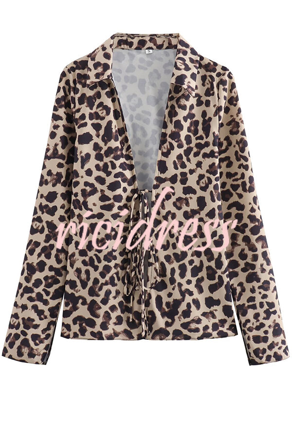 Edith Leopard Print Front Lace-up Long Sleeve Loose Blouse