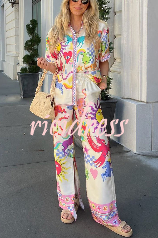 Colorful Vibes Satin Unique Print Short Sleeve Loose Shirt and Elastic Waist Pocket Slit Pants Set