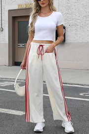 Side Stripe Print Elastic Waist Pocket Casual Straight-leg Pants