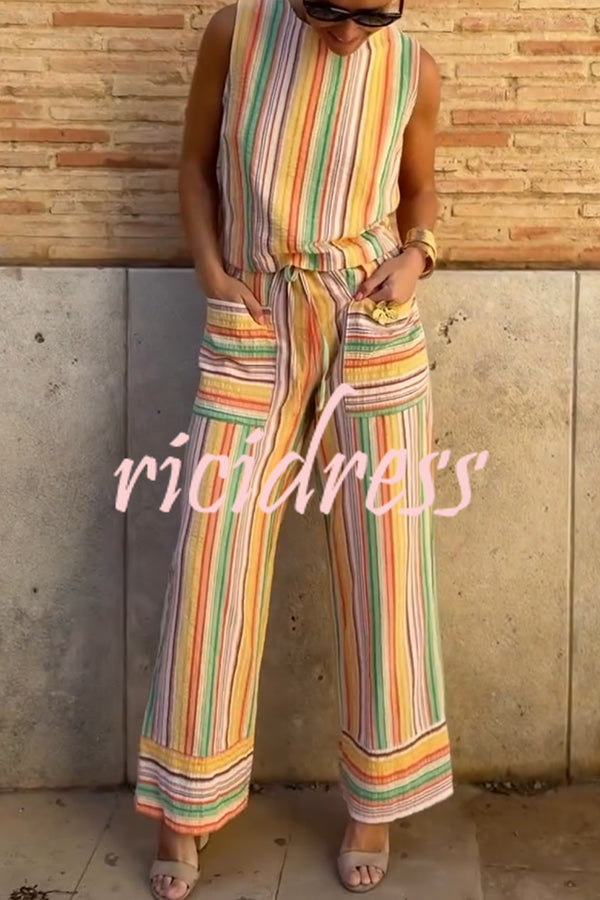 Tylah Linen Blend Colorful Striped Back Button Vest and Elastic Waist Pocket Loose Pants Set