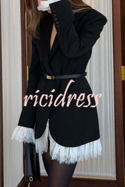 Cue The Chic Lace Trim Button Long Sleeve Lapel Blazer Mini Dress
