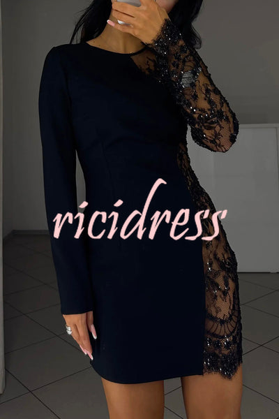 Cocktails First Floral Sequin Bead Patchwork Long Sleeve Mini Dress