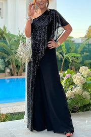 Party Favors Sequin One Shoulder Ruffle Detail Wide Leg Evening Jumpsuit