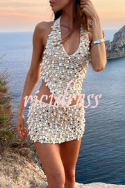 Sexy Halter Back Shell Sequined Top and Fitted Beach Mini Skirt Set