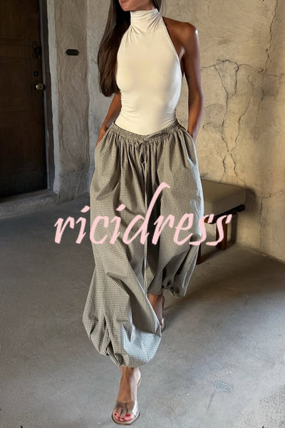 Fashion Plaid Print Elastic Waist Pocket Loose Wide-leg Pants