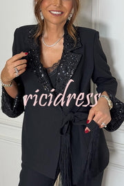 Social Time Embroidered Sequin Patchwork Tassel Belt Detail Lapel Party Blazer