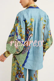 Sun Seeking Unique Heaven Bird Print Balloon Sleeve Button Loose Shirt