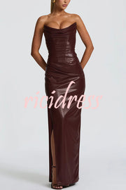 Alba Faux Leather Pleated Off Shoulder Neck Slit Stretch Maxi Dress
