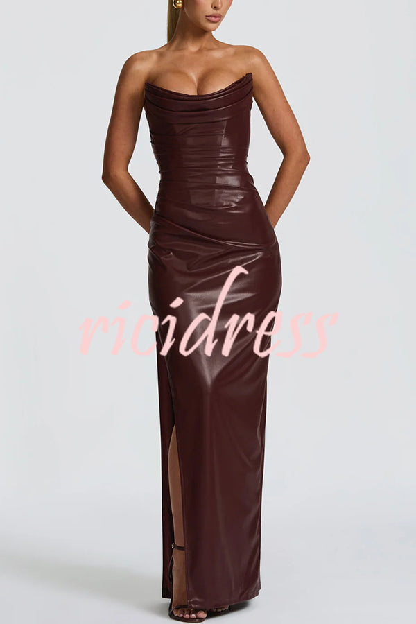 Alba Faux Leather Pleated Off Shoulder Neck Slit Stretch Maxi Dress