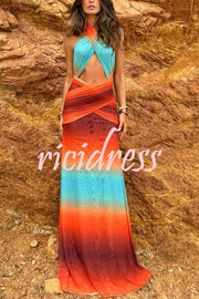 Neon Sunset Mesh Printed Cross Halter Neck Backless Vacation Maxi Dress